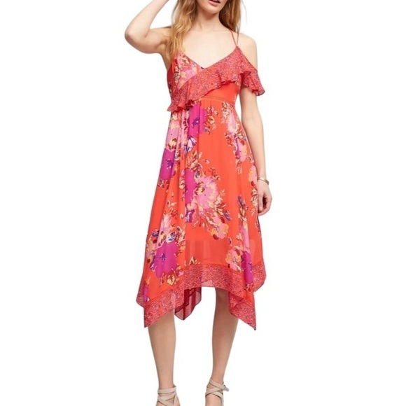 Anthropologies Maeve Grecia Orange Floral Ruffle Strap Dress Size 6 - Picture 1 of 6